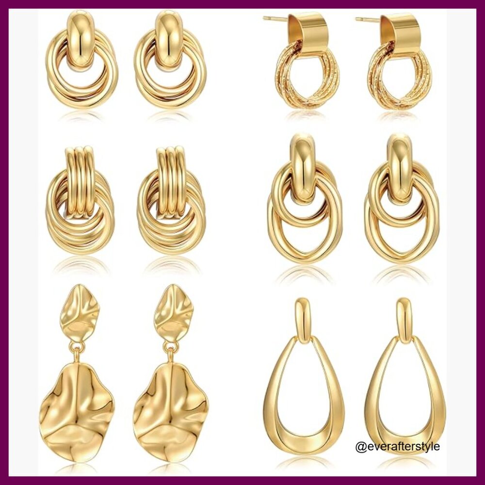 6 Pairs Gold Plated Knot Drop Dangle Earrings Hypoallergenic Statement